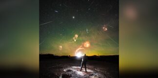 Метеори Гемінід смугою під зеленим небом | Космічна фотографія дня 19 грудня 2025 року